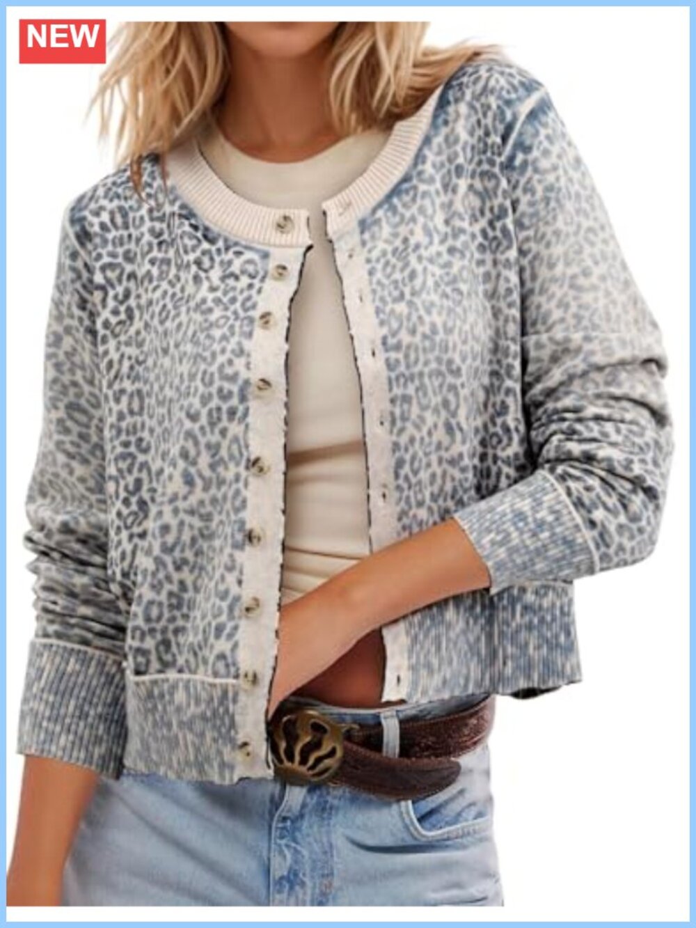 Leopard Cardigan Cropped Button Up Sweater Soft Knit Long Sleeve Crew Neck